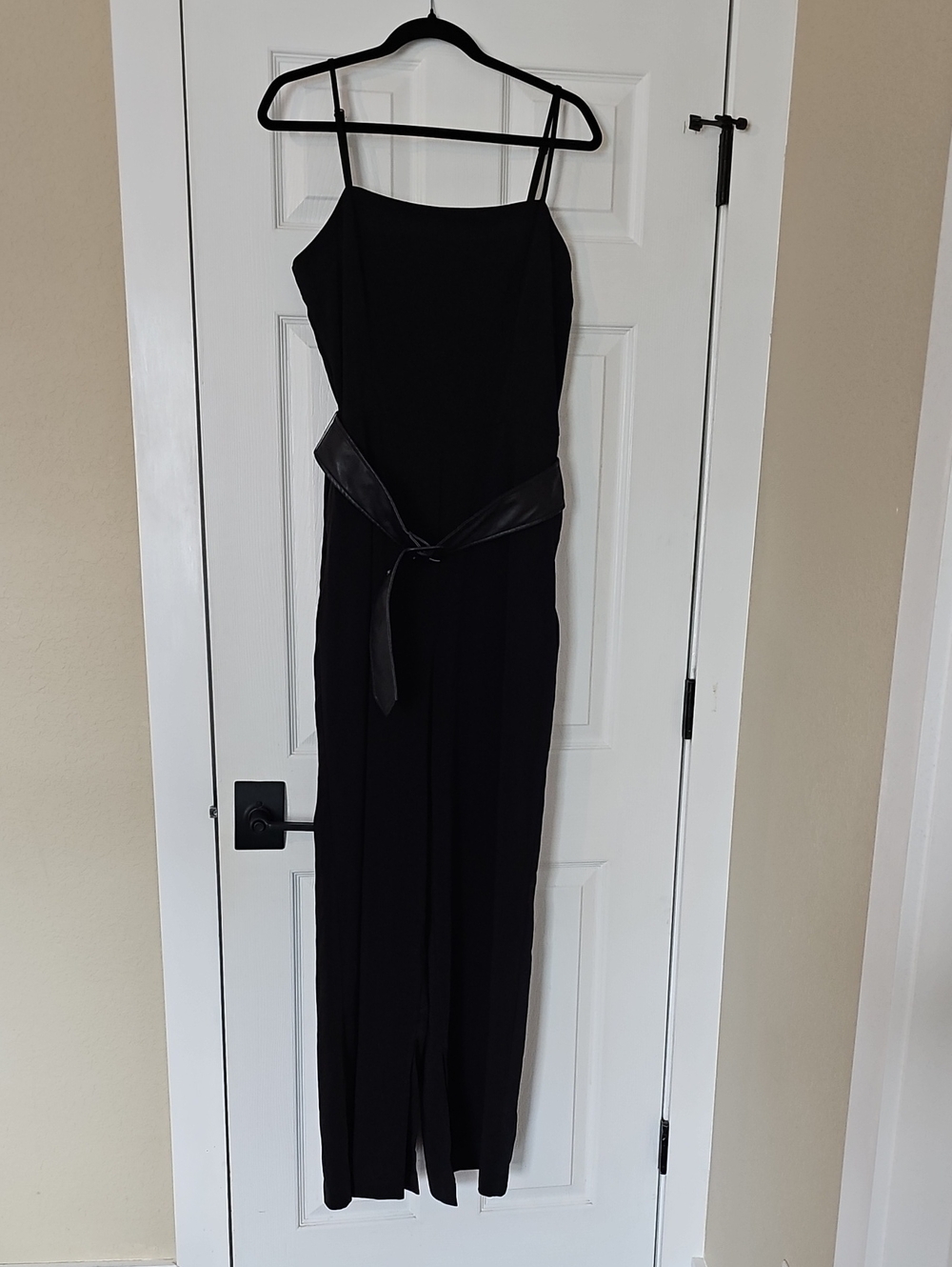 Express NWT Black Spaghetti-Strap Jumpsuit with Faux-Leather Waist Tie